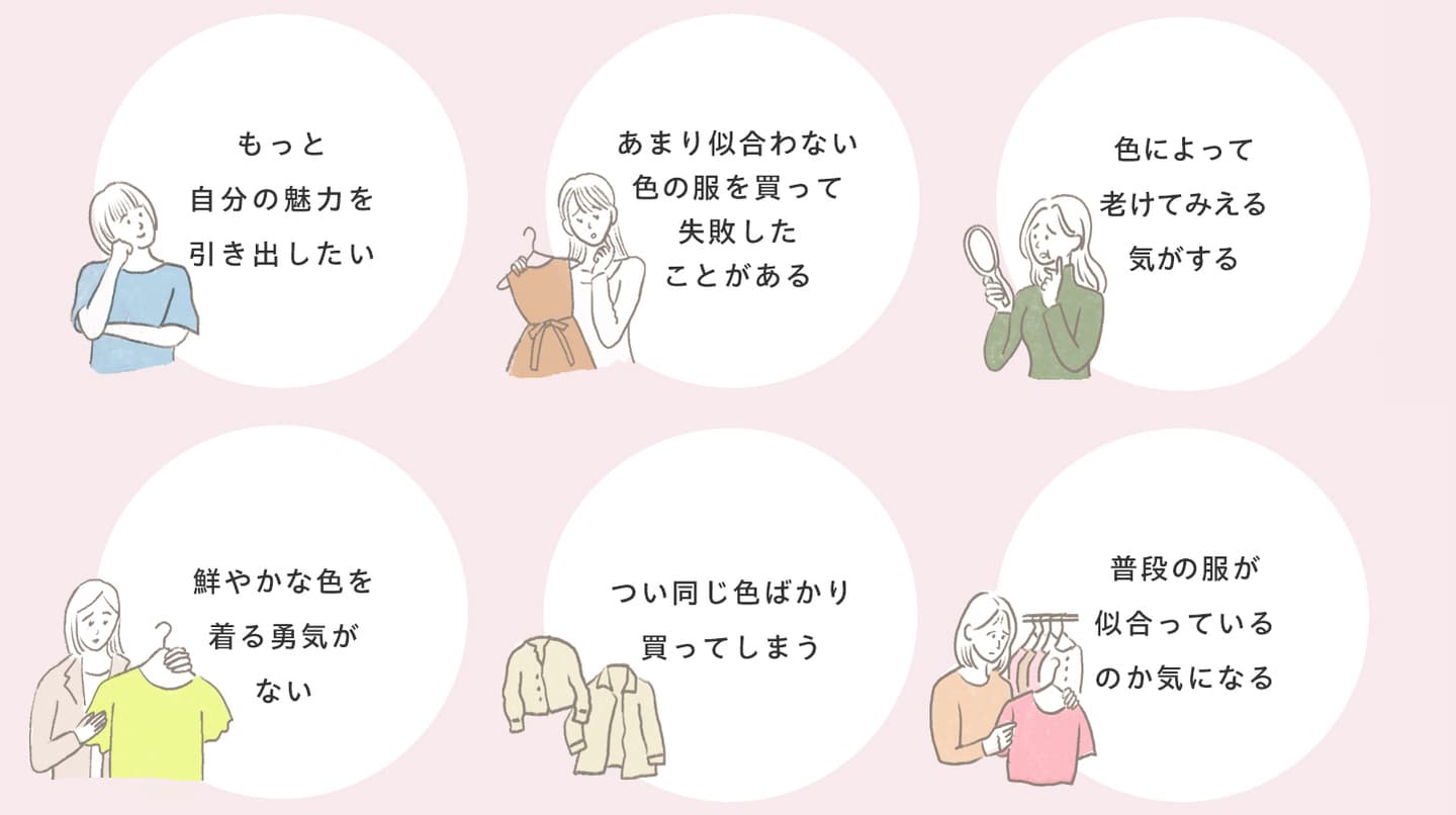 もっと自分の魅力を引き出したい/あまりに合わない色の服を買って失敗したことがある/色によって老けて見える気がする/鮮やかな色を着る勇気がない/つい同じ色ばかり買ってしまう/普段の服がに合っているのか気になる